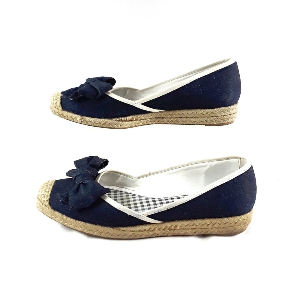 LIZ & CO Denim Wedge Espadrilles Flats Size 8.5M Bow Preppy Coastal Nautical - Picture 5 of 9